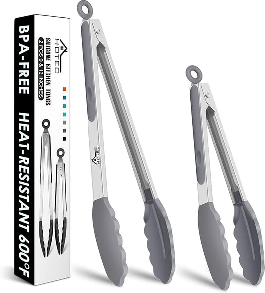 HOTEC Premium Stainless Steel Locking Kitchen Tongs with Silicon Tips, Set of 2-9" and 12" Light Grey