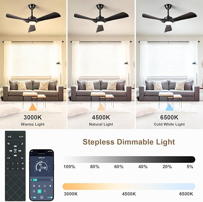 Black Ceiling Fan with Light: 42-Inch Ceiling Fan 3 Blades Low Profile Outdoor - Modern Ceiling Fans with Remote APP Control Quiet Reversible DC Motor for Patio Living Room