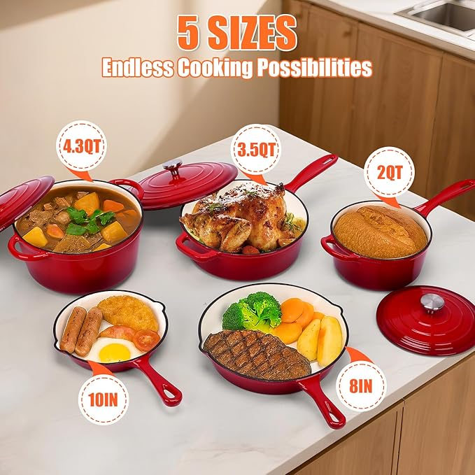QuliMetal Nonstick Enameled Cast Iron Cookware Set, 5 Pcs Pots and Pans with Lid, Skillet, Frying Pan, Saucepan & Dutch Oven for All Stovetops, PFA Free - Ideal for Sourdough Bread Baking
