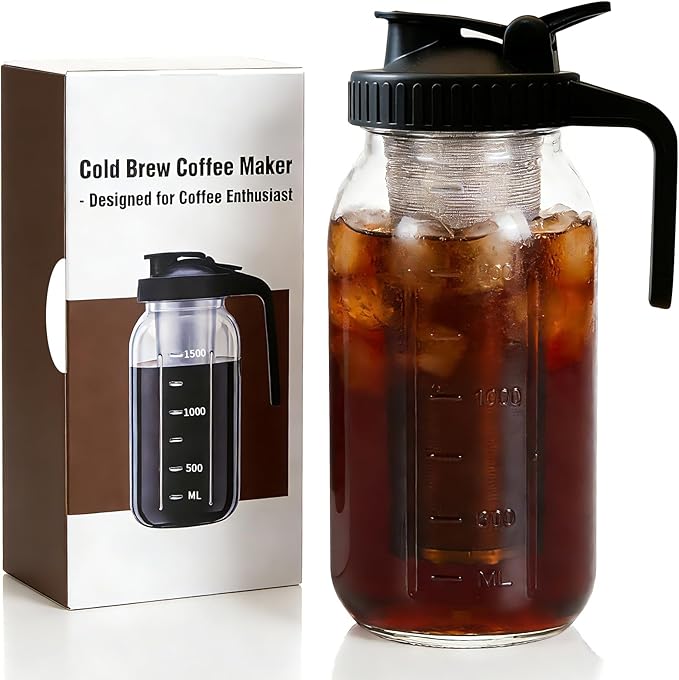 Cold Brew Coffee Maker, 64oz Mason Jar Pitcher with Airtight Lid and Stainless Steel Filter, 2 Quart Wide Mouth Glass Jar Cold Brew Coffee Kit Tea Infuser Pitcher, Coffee Lovers Gifts for Men/Women