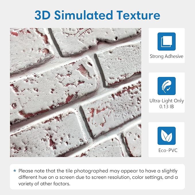 3D Whitewash Brick Wall Panel Peel and Stick,10 Pcs of 12"X12" Small Size Thin PVC Fake Brick Self Adhesive Brick Backsplash Faux Brick Paneling for Interior Wall Decor
