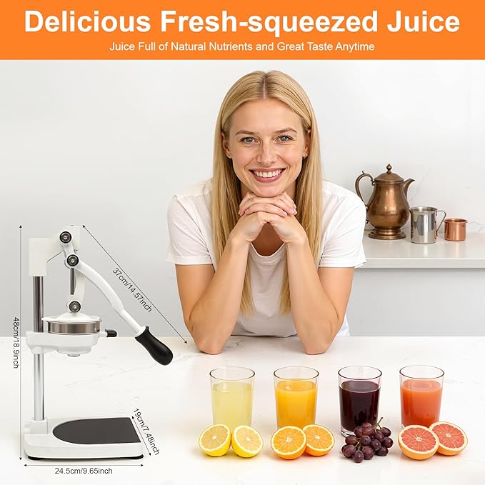 Manual Juicer, Double Press Head Commercial Manual Juicer Tabletop Juice Extraction Machine Hand Press Juice Extractor with 18oz Measuring Cup & 2 Mold for Oranges Lemons Pomegranates