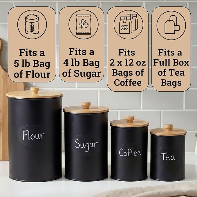 Kitchen Canisters for Countertop Set of 4 with Customizable Chalkboard Labels & Marker Pen - Big Iron Kitchen Canisters with Airtight Lids - Black Canister Set - Flour and Sugar Containers Farmhouse