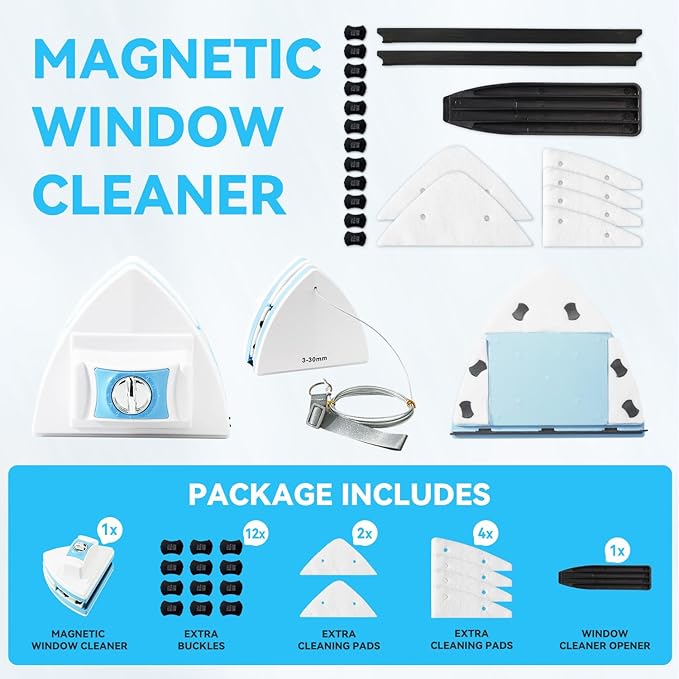 Double-Sided Magnetic Window Cleaner - Adjustable Magnetic Equipment Cleaning Brush Tool，Fits 3 - 30 mm Glass Thickness, 2.5m Safety Rope for High-Rise & Auto Glass, Safe Anti-Pinch Wiper (Blue)