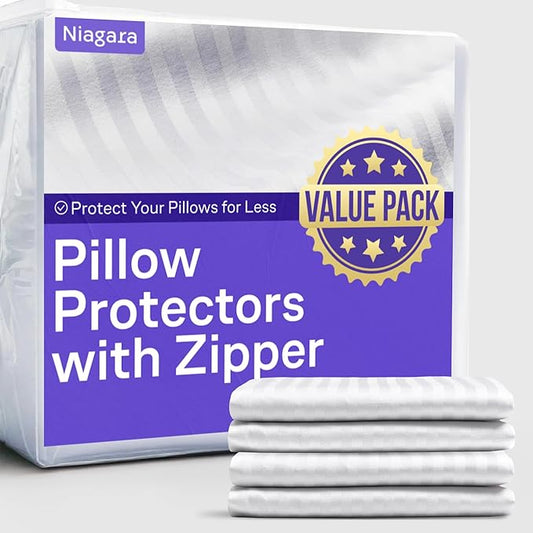 Ultra Soft Pillow Protectors with Zipper Queen Size - Set of 12 Breathable Pillow Covers - 100% Protection Against Stains, Dust & Dirt - Machine Washable (Dark White)