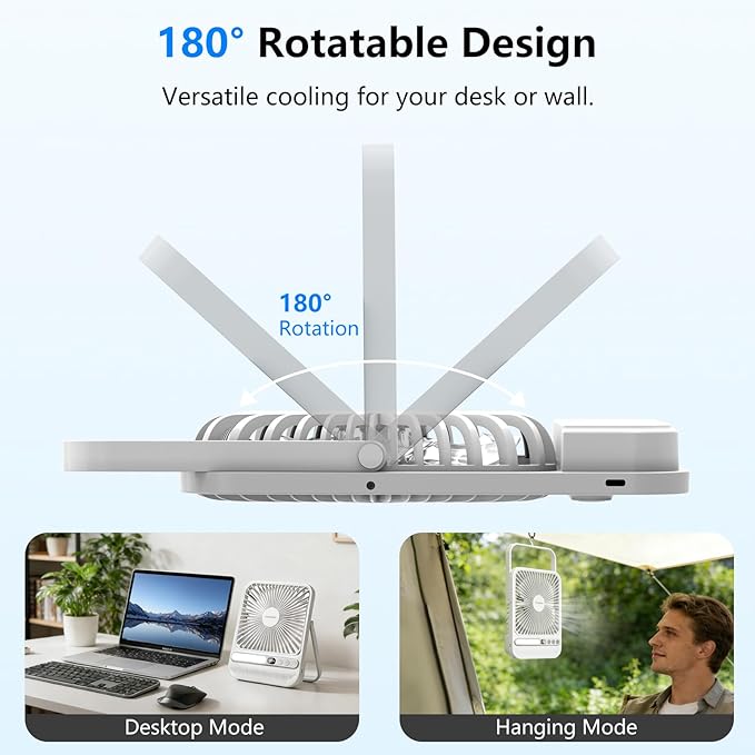 Deyagoo Travel Fan,7-Inch Portable Fan, Rechargeable Fan, 28H 10000mAh Ultra-Thin Quiet USB Desk Fan with Timer & LED Display for Bedroom, Office, Camping