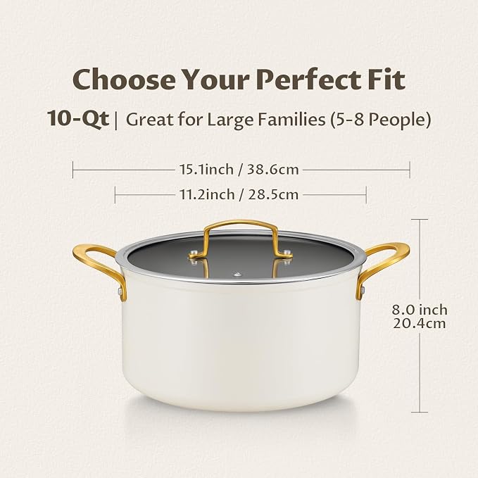 BEZIA 10QT Large Ceramic Nonstick Stock Pot with Lid, Induction Cooking Pot | PTFE/PFOA-Free Nonstick Soup Pot, Oven & Dishwasher Safe, Works on All Stovetops, for Hosting, Large Family Stews & Meal Prep