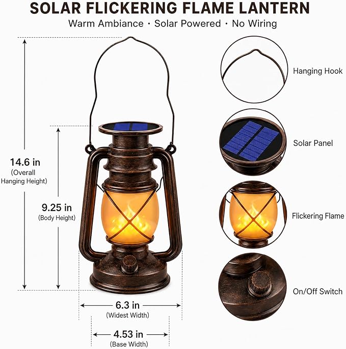 Solar Lanterns Outdoor 4 Pack, Flickering Flame LED Hanging Solar Lights with Handle, Vintage Bronze Solar Powered Lanterns for Patio Porch Garden Yard Pathway Table Camping Halloween Christmas Decor