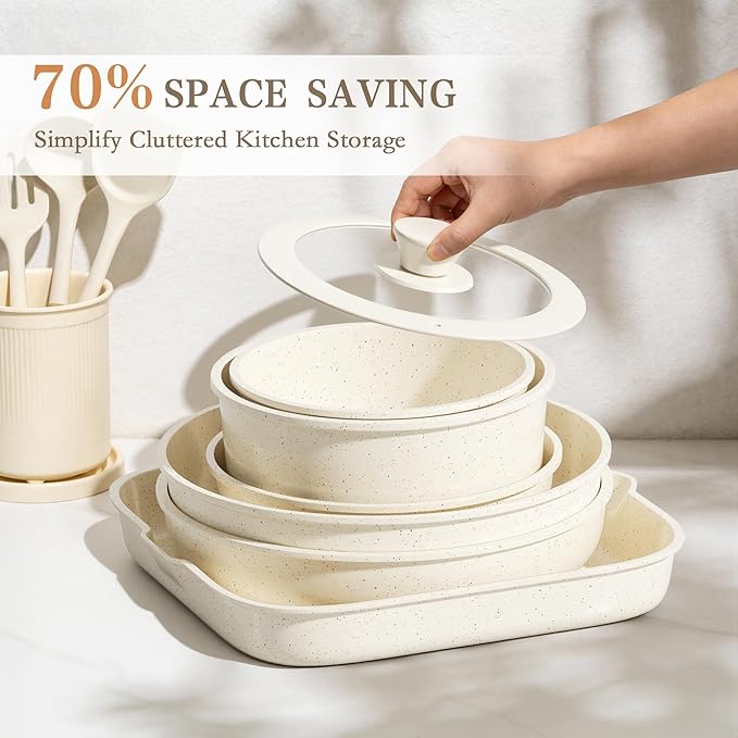 Pots and Pans Set Non Stick - Kitchen Cookware Set Detachable Handle Pot and Pan Sets for Cooking, RV Stackable Cookware Sets Removable Handle Cooking Set, Oven Safe, Induction Ready