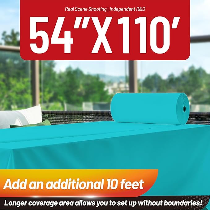Plastic Table Cloth, 110 Ft X 54 In Disposable Tablecloth Light Blue Tablecloth Premium PEVA Plastic Table Cloth Disposable with Any Cut Sliding Cutters for Picnics, Parties, Birthdays, Festivals