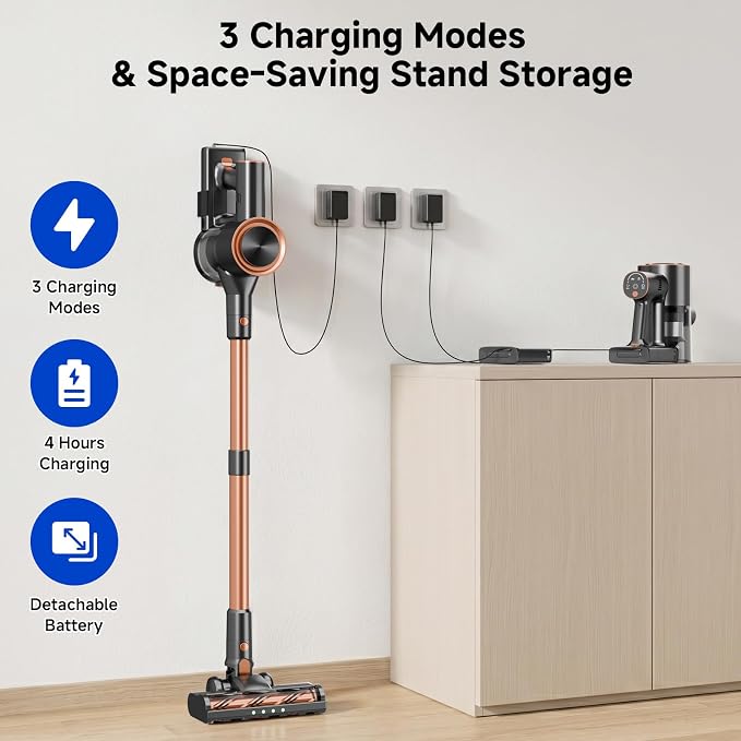 Cordless Stick Vacuum Cleaner - 40KPA Powerful Suction Vacuum with 45 Min Runtime, Detachable Battery, Anti-Tangle & 1.5L Dust Cup, 8 in 1 Vacuum Cleaner for Pet Hair, Carpet, HardFloor, Gold