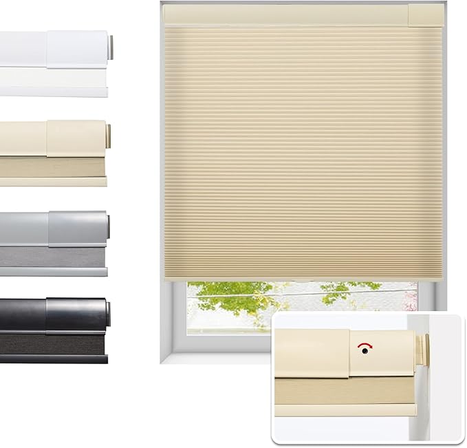 Tonature No Drill Cellular Shades for Indoor Windows, Thermal Insulating & Noise Reducing Honeycomb Blinds, Free Stop Cordless Light Filtering Shades, Beige,39 1/2" W x 64" H