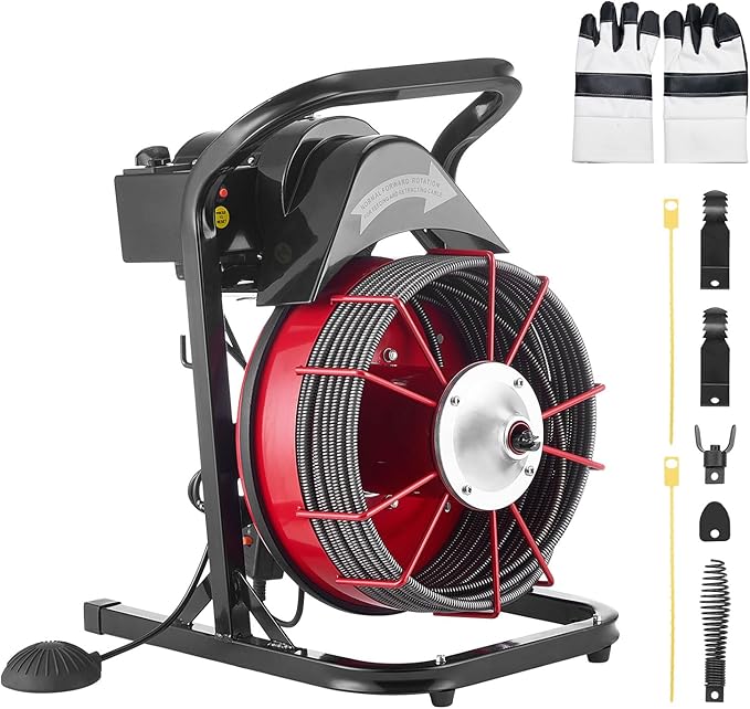 VEVOR Drain Cleaner Machine 50 FT x 1/2 Inch, Sewer Snake Auger Manual Feed with 4 Cutters & Air-activated Foot Switch for 2" to 6" Pipes