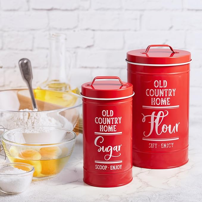 DAYYET Red Canisters for Kitchen Counter, Airtight Kitchen Canisters for Countertop, Flour and Sugar Containers, Tea Coffee Sugar Canister Set, Red Kitchen Decor and Accessories, Set of 4