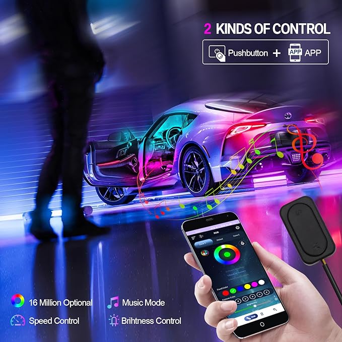 Dreamcolor Acrylic Car Ambient Lighting Kit 14 in 1 LED Interior Car Strip Lights APP Control Zoned Control System 252 Color Modes DIY Neon Wireless Sound Activated RGB Neon Light Kits New Version