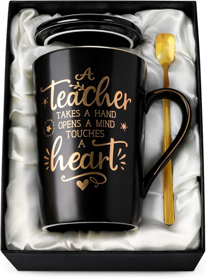 Best Teacher Appreciation Gifts for Men Women, 14oz Unique Black Ceramic Teacher Coffee Mug with Gold Print, Valentine Presents for Teachers Graduation Retirement, with Lid Spoon Card, Nice Gift Boxed