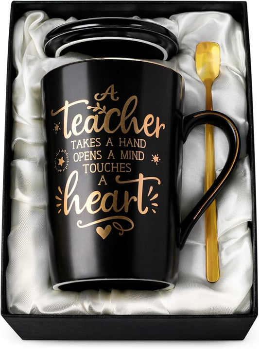 Best Teacher Appreciation Gifts for Men Women, 14oz Unique Black Ceramic Teacher Coffee Mug with Gold Print, Valentine Presents for Teachers Graduation Retirement, with Lid Spoon Card, Nice Gift Boxed