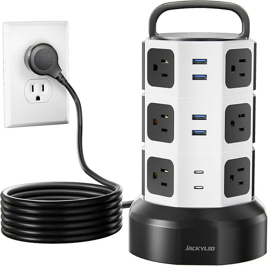 【10ft】 Power Strip Tower JACKYLED Surge Protector Electric Charging Station with 13A 12 Outlets 6 USB Ports Heavy Duty Extension Cord for Home Office Computer Nightstand Laptop Phone White Black