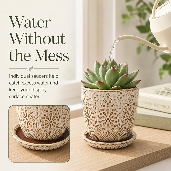 Gepege Succulent Pots, 4 Inch Small Indoor Ceramic Planter Pot with Drainage Holes and Saucers for Plants- Creamy White - Set of 4