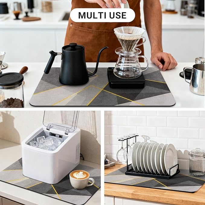 Coffee Mat 32x18 Inch, Gray Geometric Coffee Drying Mat, Absorbent Hide Stain Rubber Backed Dish Drying Mat for Kitchen Counter, Bar Mats for Countertops,Under Coffee Maker Machine Pot Espresso Staion
