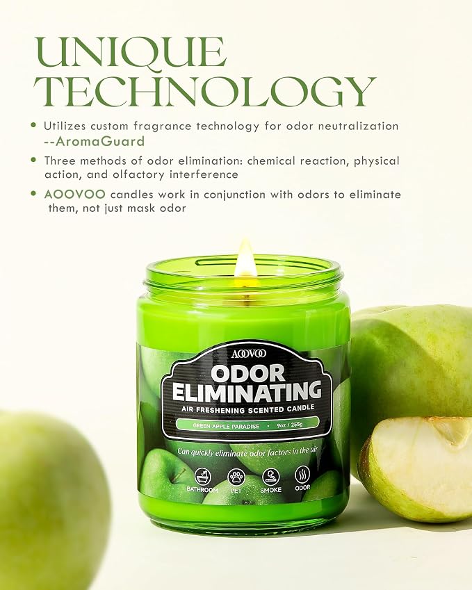 AOOVOO Green Apple Odor Eliminating Highly Fragranced Candle - Eliminates 95% of Pet, Smoke, Food, and Other Smells Quickly, Non Toxic Air Freshing Soy Candle, Up to 50 Hours Burn time