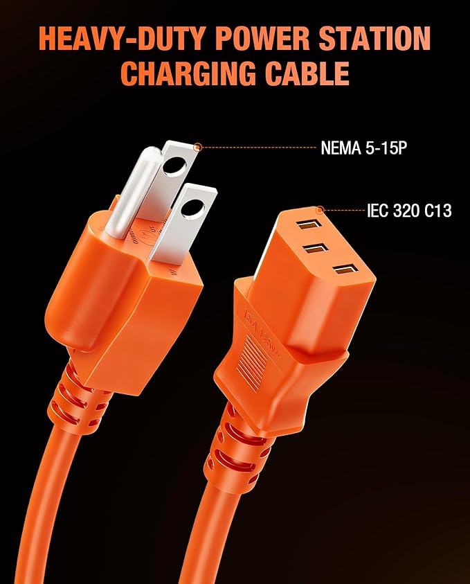 Heavy-Duty Power Station Charging Cable, 14AWG Fast Charger Cable for Jackery Explorer 2000/1500/1000 Pro,Ecoflow Delta/River Series,Bluetti EB3A;Anker 757/767, 125V 15A AC Power Cord Orange(6FT)