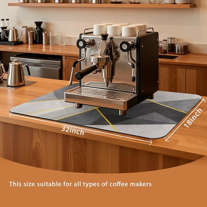 Coffee Mat 32x18 Inch, Gray Geometric Coffee Drying Mat, Absorbent Hide Stain Rubber Backed Dish Drying Mat for Kitchen Counter, Bar Mats for Countertops,Under Coffee Maker Machine Pot Espresso Staion