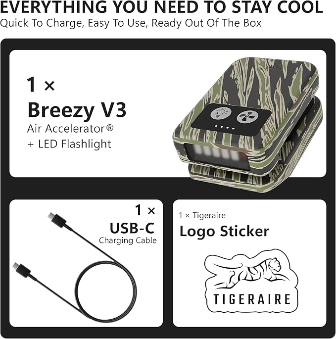 Tigeraire Breezy V3 Clip-On Hat Fan for Sportsmen & Tradesmen - Lightweight Head Cooler, USB-C Recharge, 11 MPH Airflow, 10+ Hr Runtime, Defogs Eyewear & Face Shields - Portable Heat Relief - Camo