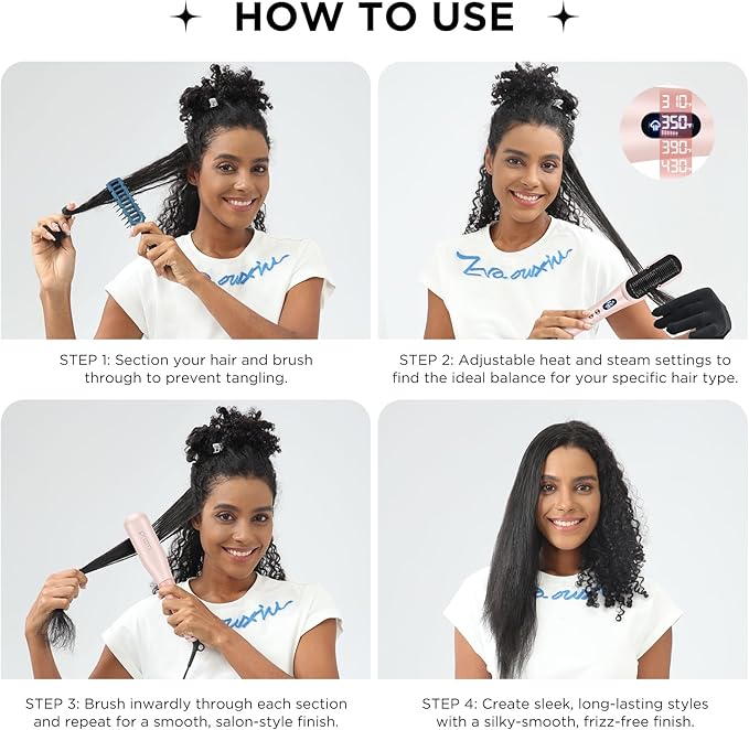 Prizm Pro Steam Hair Straightener Brush - Ionic Steam Straightening Brush for Curly Hair, Anti-Scald Ceramic Straightener Comb with LCD Display for Super Smooth, Frizz Free Hair, 4 Heat Settings, Pink