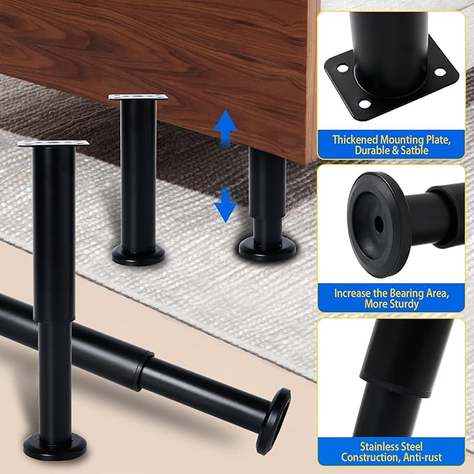 6 PCS Adjustable Height Bed Support Legs for Bed Frame/Bed Center Slat, Heavy Duty Furniture Replacement Legs 7.08-12.2 inch for Sofa/Cabinet/Couch/Dresser/Table (Black)