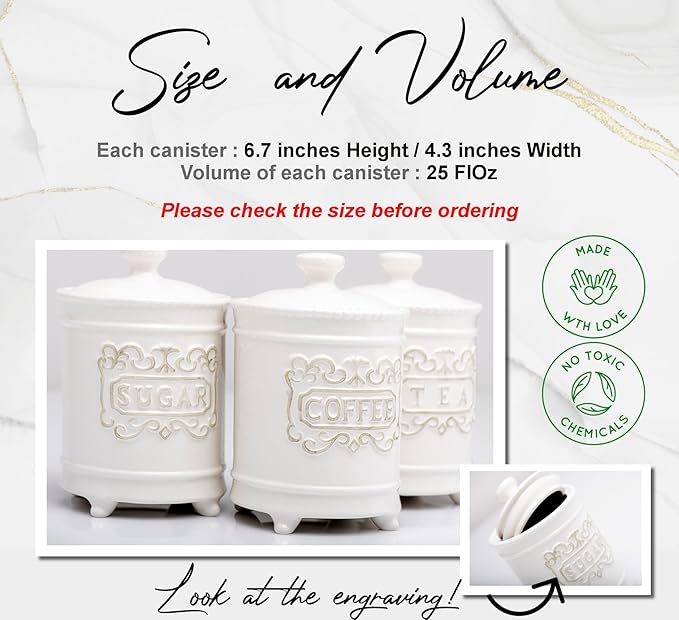 25DOL 25 Ounce Elegant Ceramic Kitchen Canisters Set of 3 - Engraved Coffee Tea Sugar Storage Containers with Feet for Added Style and Stability - Ceramic Jar with Airtight Lid