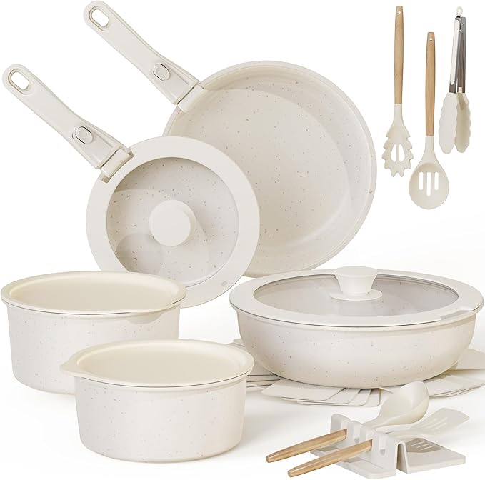 Astercook 20 Piece Pots and Pans Set Non Stick, Cookware Set with Detachable Handle, Oven Safe, Induction Ready, Stackable RV Kitchen Cooking Set Removable Handles, Cream White