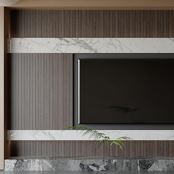 Yutianli PVC Slat Wall Panel Peel and Stick 118"x 15.7" Faux Wood Slat Panel Artificial Smoked Wood Grain Self-Adhesive Soundproof 3D Wall Panel for Walls and Ceilings