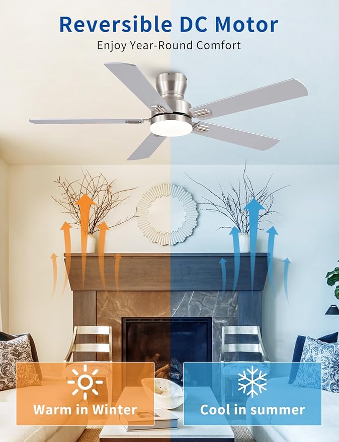 Ceiling Fans with Lights, 52'' Low Profile Ceiling Fan with Light and Remote/APP Control, Modern Flush Mount Ceiling Fan for Indoor Bedroom Living Room, Dimmable, Qiuet DC Motor, Nickel