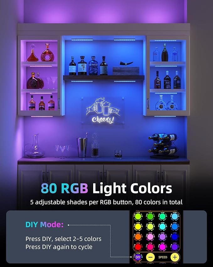 EZVALO 80RGB Color Changing Under Cabinet Lighting Wireless, 1800mAh Rechargeable Led Strip Shelf Lights, Timer & Dimmable Bar Light with Remote for Kitchen, Bedroom, Display Case, Car, 6Pack