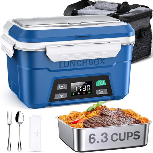 EAST OAK XL 6.3 Cups Cordless Electric Lunch Box for Adults, Heated Lunch Box Battery Powered with Automatic Heating, Portable Food Warmer with Removable Tray Divider