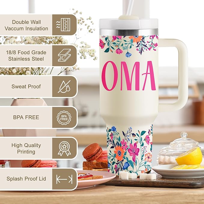 ROSTANTEN Oma Gifts Oma Mothers Day Gifts for Oma from Grandkids for Birthday Christmas 40oz Travel Cup Insulated Tumbler with Lid & Straw