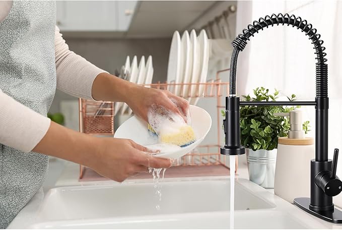DJS Kitchen Faucets with Pull Down Sprayer Single Handle 1 or 3 Holes Spring Kitchen Sink Faucet with Deck Plate for Farmhouse RV Vessel Basin (Matte Black)