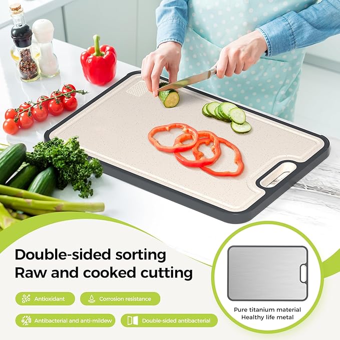 Titanium Cutting Board for Kitchen, Double Sided Chopping Board, 99.9% Pure Titanium & PP, Non-Porous, Odor Resistant, Safe for Raw & Cooked Food, Easy to Clean, Large 15”×10.3”