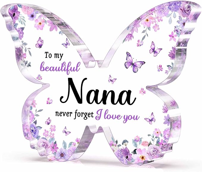 Nana Gifts, Unique Purple Butterfly Acrylic Plaque Desk Decor, Mothers Day Christmas Birthday Gifts for Nana from Grandkids - 5 x 3.8 x 0.5 inches
