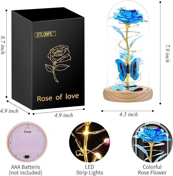 Otlonpe Preserved Forever Mothers Day Flower Gifts for Mom, Glass Rose Wood Base Colorful Light Butterfly Gifts for Women Grandma Girlfriend Wife Her, Valentines Mothers Day Christmas Birthday