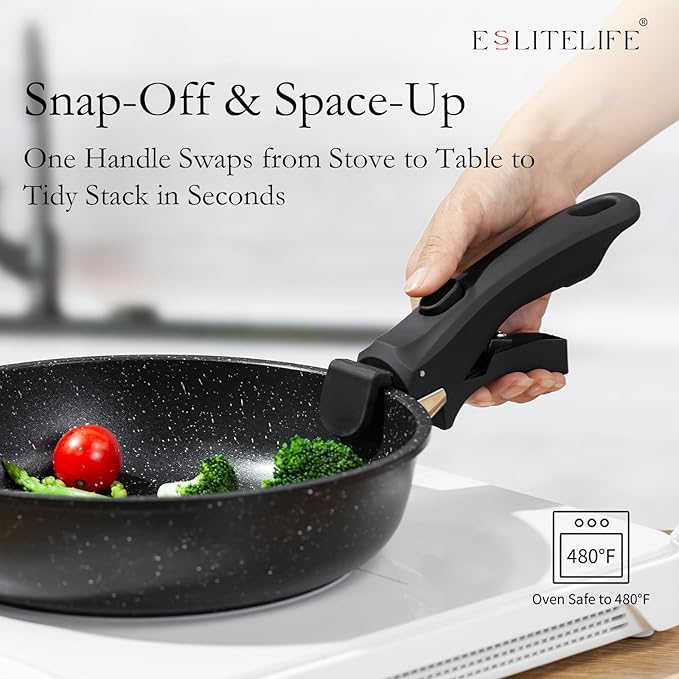 ESLITE LIFE Nonstick Ceramic Frying Pans Skillets Set with Lids & Detachable Handle, Non-Toxic Egg Omelette Kitchen Cooking Pans Compatible with All Stovetops, PTFE & PFOA Free, Black, 7-Piece