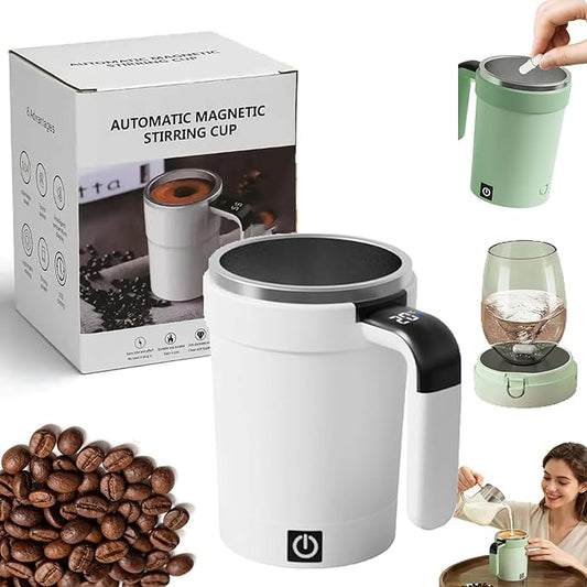 Automatic Self Stirring Coffee Mug Rechargeable, Mixing Cup with Temperature Display, Travel Cup with Lid, Hot Beverage Warmer, Gift for Home Office Kitchen Travel Birthday Christmas Gift (White)