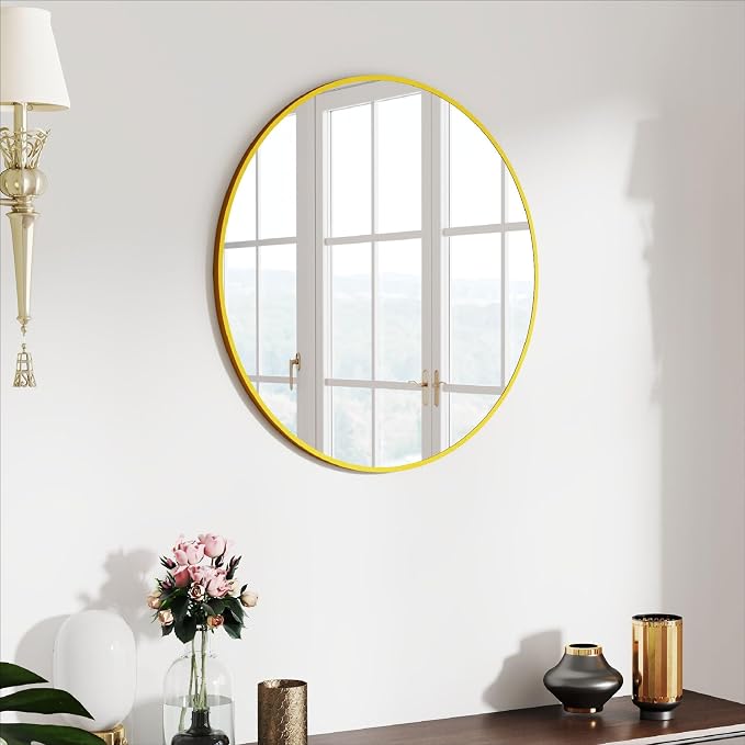 SCWF-GZ 24" Round Mirror Circle Wall Mounted Hanging or Against Wall Metal Frame Dressing Make-up Mirrors for Entryway Bedroom Bathroom Living Room 24 inch Gold