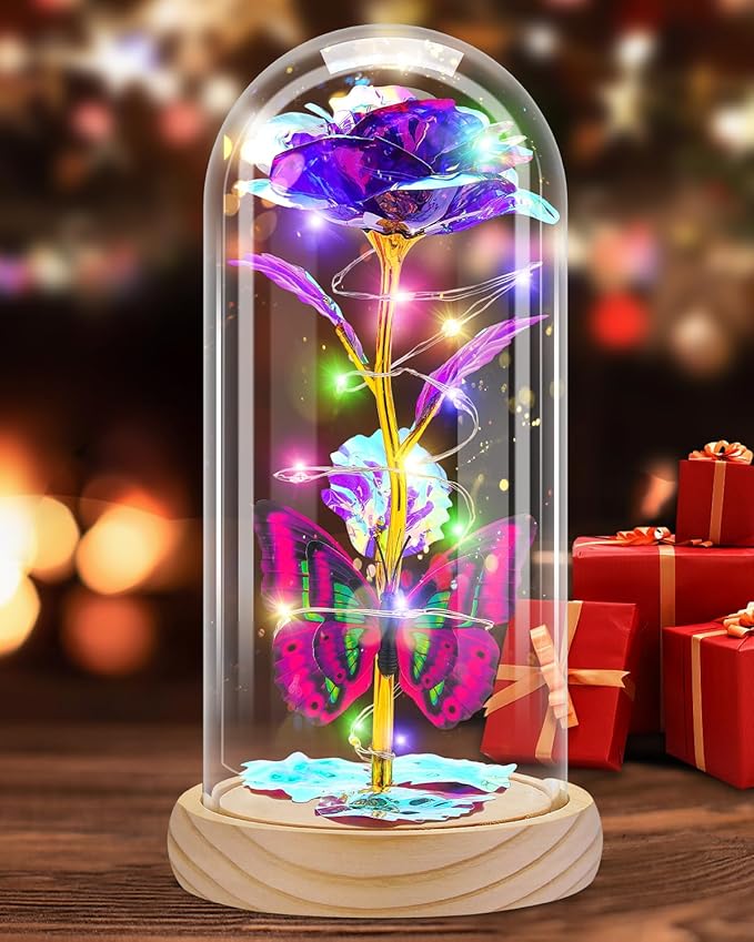 Otlonpe Preserved Forever Mothers Day Flower Gifts for Mom, Glass Rose Wood Base Colorful Light Butterfly Gifts for Women Grandma Girlfriend Wife Her, Valentines Mothers Day Christmas Birthday