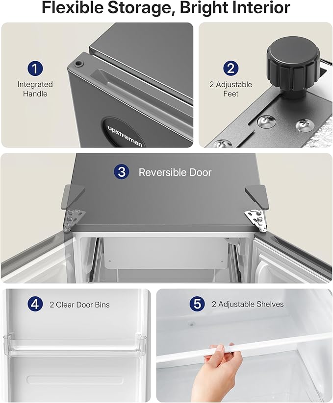 Upstreman 2.5 Cu.Ft All-Refrigerator Mini Fridge, Single Door Small Refrigerator, Dorm Fridge with 7 Adjustable Thermostat, Compact Refrigerator for Office, Bedroom or Dorm, Gray-CR26