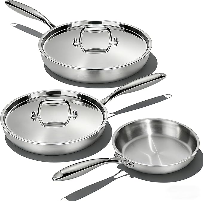 Stainless Steel Frying Pan Set with Lid, Umite Chef 3Pcs Skillet Set (Includes 8",10",12") - 5 Ply Stainless Clad - Heavy Duty & Professional Cookware Set, Fast & Even Heat, Dishwasher and Oven Safe