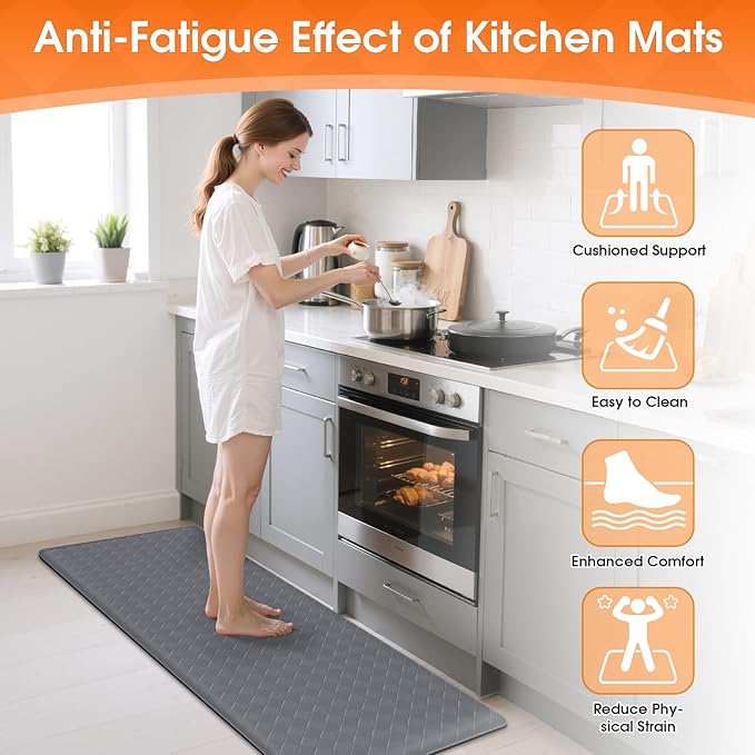 TranquilRelax Kitchen Mats, 2PCS Kitchen Rugs, Cushioned Anti Fatigue Kitchen Mats for Floor, Non-Slip Standing Sink Mat, Waterproof Kitchen Rug Set for Kitchen Floor Office,17.3"×30"+17.3"×47" Grey