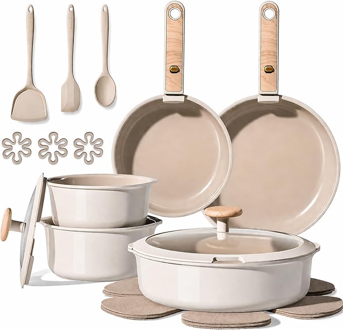 CAROTE 19 Pcs Ceramic Cookware Sets, Pots and Pans Set Non Stick,Detachable Handle, Induction & Oven Safe, Stackable Space-Saving, Cookware Non Stick Cooking Set (PFOS, PFOA Free)