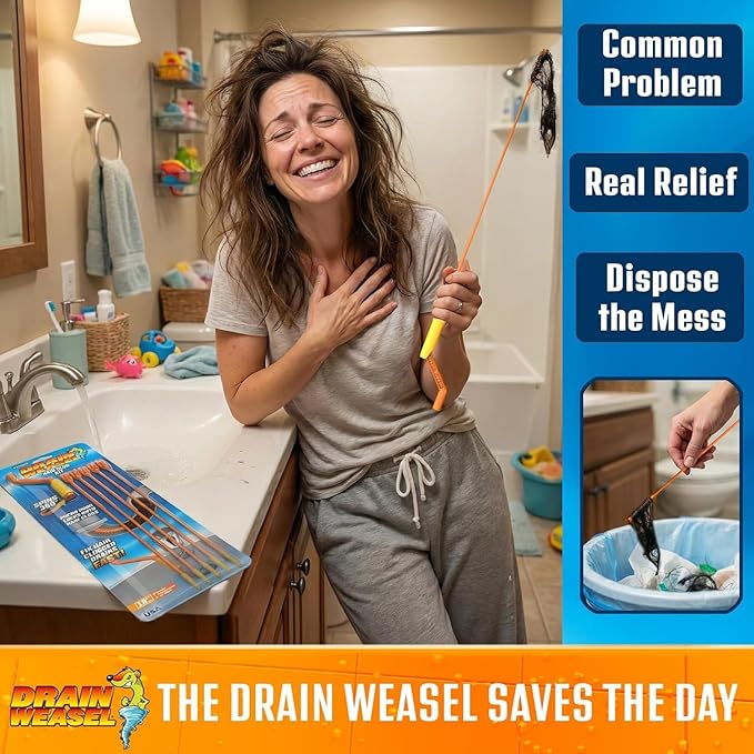 Flexisnake Drain Weasel Hair Clog Remover Kit – Plumbing Snake Auger for Cleaning Shower, Bath Tub, Bathroom Drains with Rotating Handle and 5 Disposable Wands, Made in USA